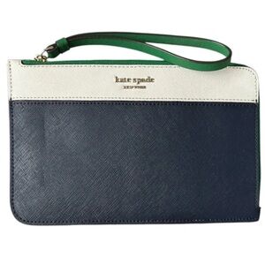 Kate Spade ♠️ Cameron Leather Navy White Green L-Zip Wristlet Nightcap Blue